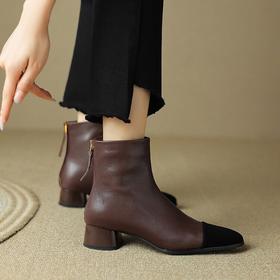 【预售5天】小香风拼色短靴女秋冬新款加绒马丁靴粗跟裸靴法式羊皮瘦瘦靴SSS&5387