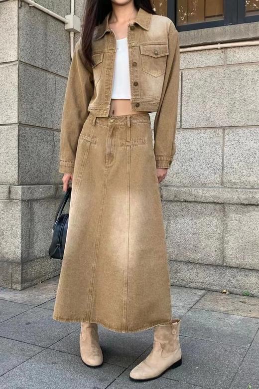 WHO KNOWS 复古卡其色做旧牛仔外套半裙套装 19263 商品图1
