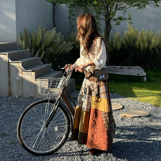 【顺丰包邮】03500 洛诗琳迪丽热巴同款复古撞色拼接百家布半身裙10918 商品图0