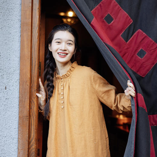 绽放旅行女装766朵/加厚砂洗磨毛亚麻双层毛边花边大摆叠穿连衣裙 商品图1