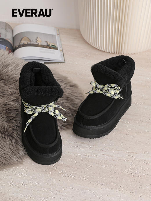 EVERAU女士冬季新款系带厚底雪地靴翻毛厚底增高UEA3011 商品图3