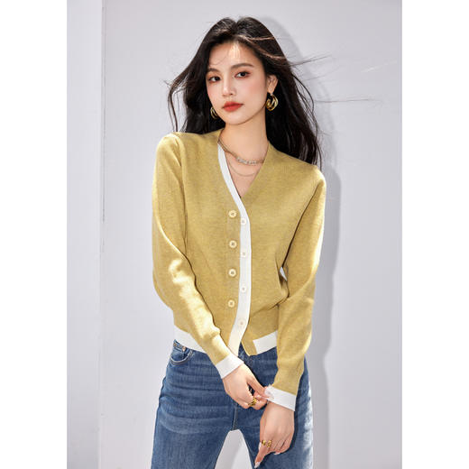 日系拼色假两件针织衫女 秋冬装V领收腰显瘦气质开衫上衣 商品图2