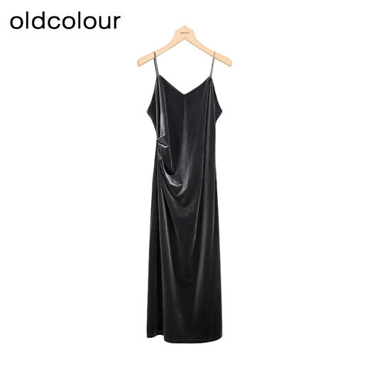 oldcolour冬季新品V领时尚收腰显瘦丝绒吊带连衣裙女P421005A1 商品图0
