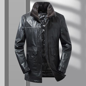 【可拆卸内胆】【水貂毛领】【真皮DSZ】大依优型大码立领羽绒真皮牛皮夹克外套休闲简约大号皮夹克真皮皮草加肥加大