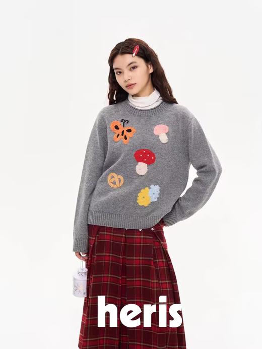 heris/H44102/蘑菇房间图案宽松圆领套头毛衣 商品图2