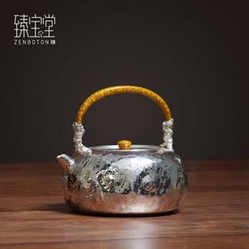 臻宝堂银壶 999纯银烧水壶足银纯手工一张打石赋煮茶壶漆提梁茶具臻宝堂-石赋550ml