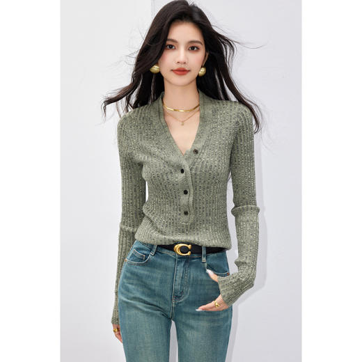 日系拼色假两件针织衫女 秋冬装V领收腰显瘦气质开衫上衣 商品图5