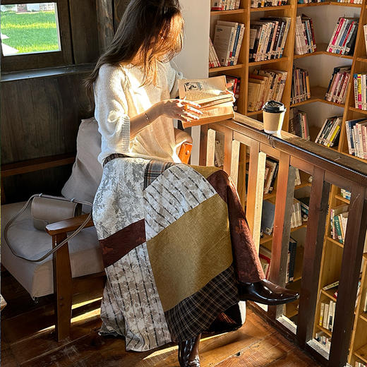 【顺丰包邮】03500 洛诗琳迪丽热巴同款复古撞色拼接百家布半身裙10918 商品图2