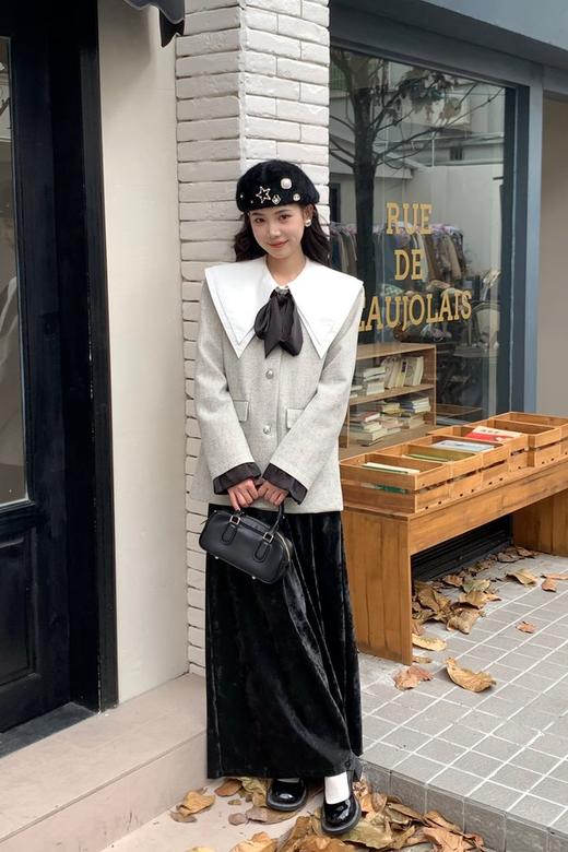 Le Malene 银色无领时髦小香风缎面飘带西装外套 19251 商品图5