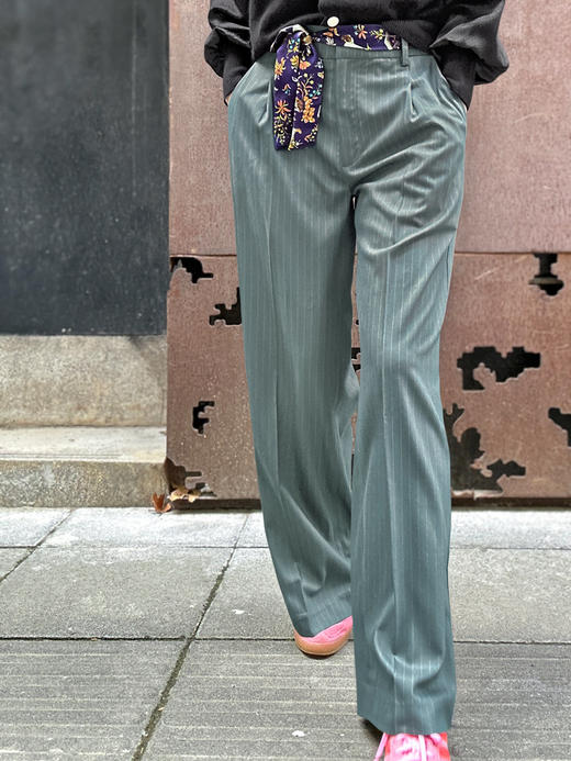 TYNVIE 连腰带直筒裤-绿条纹 商品图4