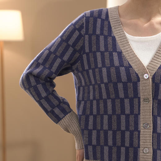 DONGLI&张继成联名款 山羊绒  女士秋冬针织V领开衫复古拼色提花220498 商品图2