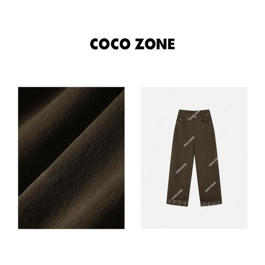 COCO ZONE 美拉德秋冬薄绒格纹翻裤脚直筒牛仔裤23C19830 商品图2
