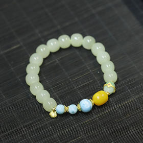 【宫里手串】和田玉老型珠搭配蜜蜡海纹石手串8*9mm