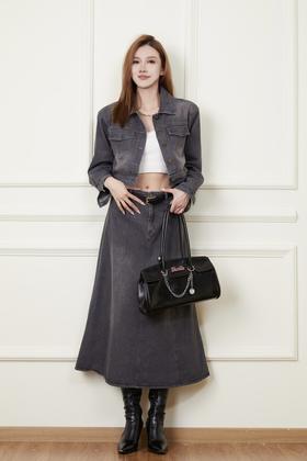 WHO KNOWS 复古黑灰色牛仔外套半裙套装 19260