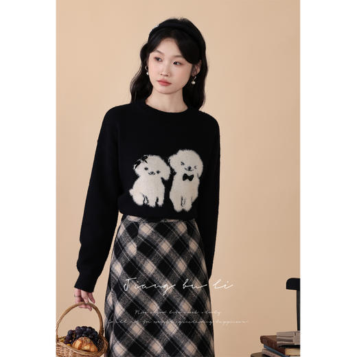 鹿向南【狗狗日记】黑色慵懒圆领套头针织衫设计感毛衣2024女秋冬 商品图3