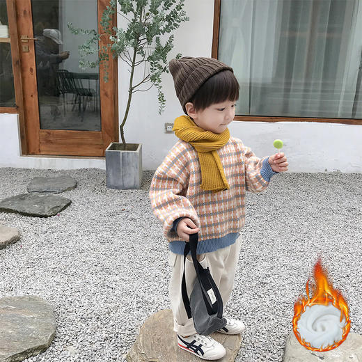 【毛衣条纹打底衫，柔软舒适面料】巴拉宝宝毛衣 男童针织上衣 儿童条纹打底衫 新款韩版套头一体绒毛衣-QQ 商品图0