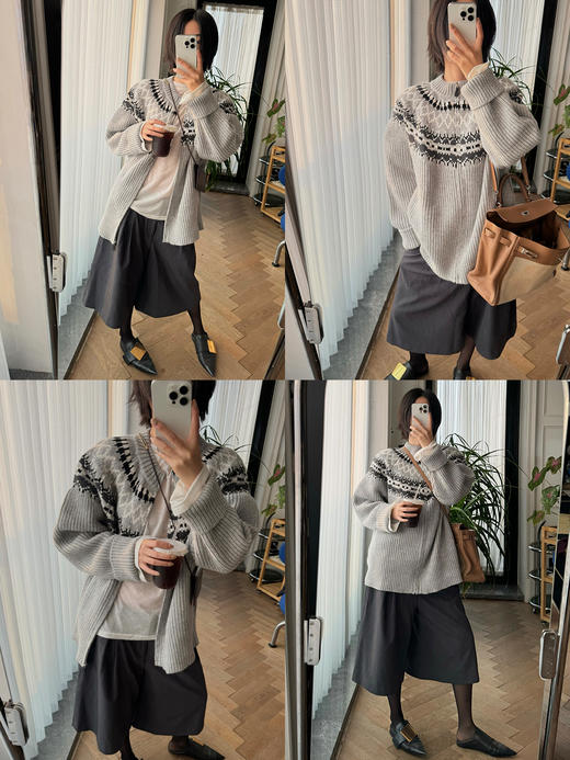 HIDEMI 澳洲进口美利奴羊毛手绘复古费尔岛提花多股粗砂纱加厚款毛衣大外套/针织毛线帽套装 卡其色\灰色 商品图2