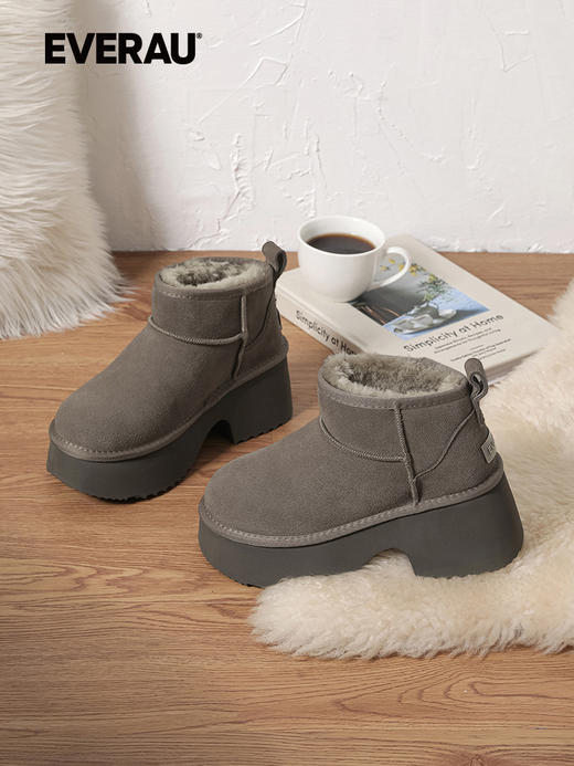 EVERAU羊皮毛一体雪地靴女士冬季新款粗跟短筒高跟女靴 UEA3014 商品图2