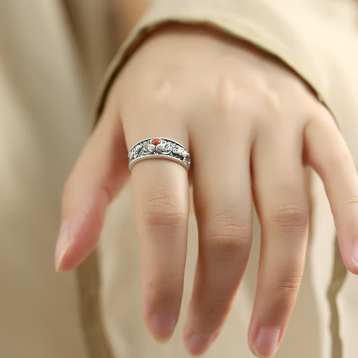 Winy925纯银莲年有鱼戒指新中式玛瑙指环送女友节日生日礼物 商品图5