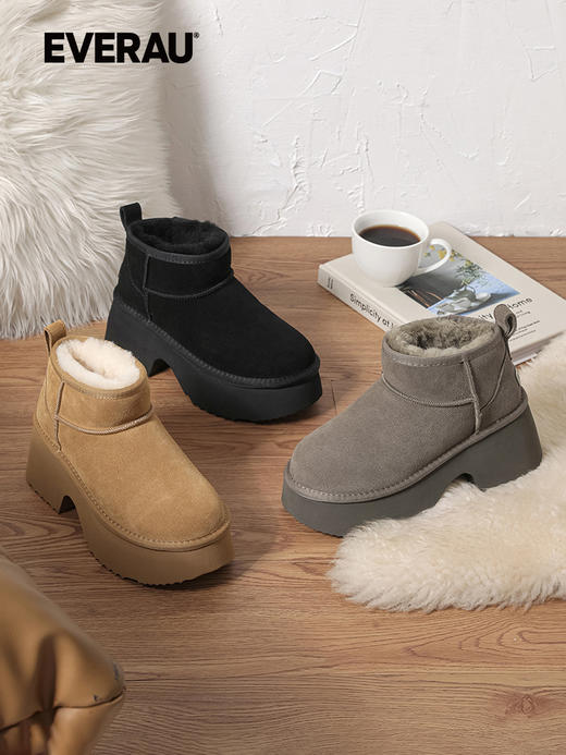 EVERAU羊皮毛一体雪地靴女士冬季新款粗跟短筒高跟女靴 UEA3014 商品图0