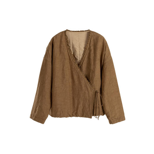 绽放旅行女装887朵/花边拼接新中式v领斜襟系带天丝亚麻短款棉服 商品图4