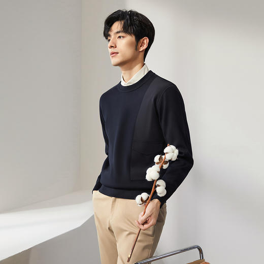 【加绒拼接】柒牌男士针织衫秋冬新品时尚休闲中青年厚款圆领毛衫	127Y70760 商品图1