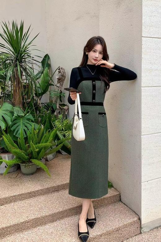 Le Malene 黑色吊带千鸟格连衣裙套装 19301 商品图1