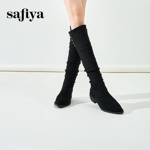 预售12天|Safiya/索菲娅2024秋冬绒面弹力遮肉显瘦尖头粗跟长筒西部靴 SF44117247 商品图3