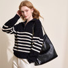 慵懒风黑白条纹拉链翻领毛衣女秋冬保暖针织衫上衣V4443592 商品缩略图3