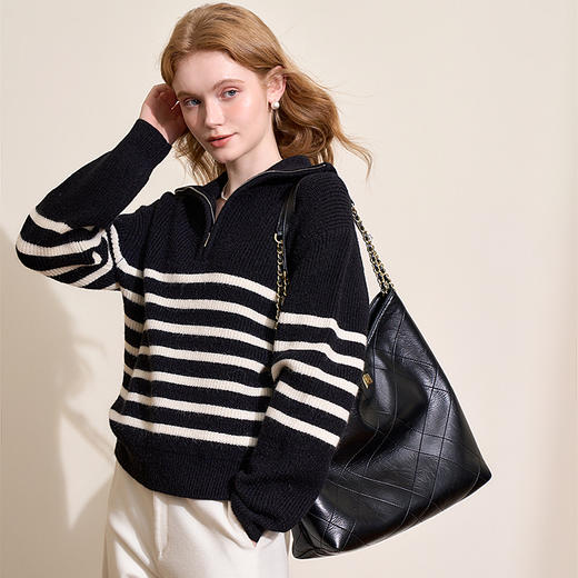 慵懒风黑白条纹拉链翻领毛衣女秋冬保暖针织衫上衣V4443592 商品图3