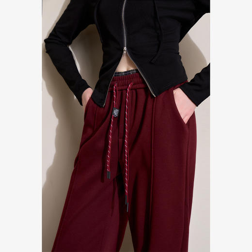 西遇长款阔腿裤女冬季新款假两件腰头设计绑绳装饰宽松长裤D0044001 商品图3