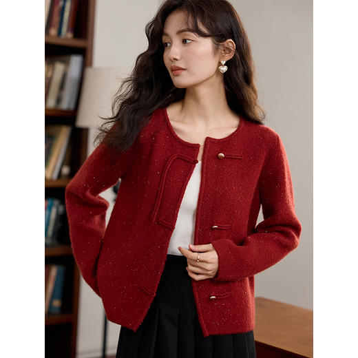【年货节】熙世界新中式流苏盘扣针织外套短款小个子秋冬国风红色毛衣开衫 商品图1