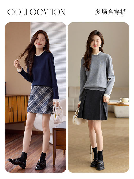 【专属特价】熙世界2025秋冬新款撞色木耳边圆领打底针织衫女长袖灰色软糯毛衣 商品图5