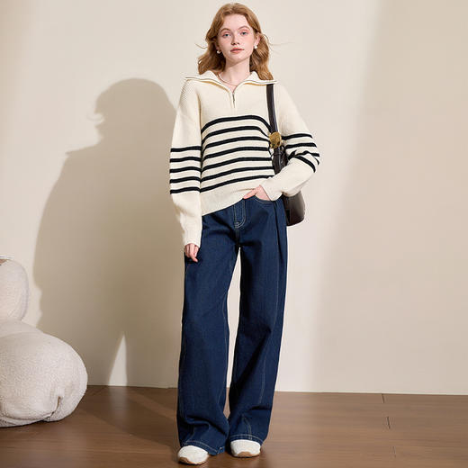 慵懒风黑白条纹拉链翻领毛衣女秋冬保暖针织衫上衣V4443592 商品图2