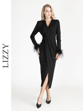 LIZZY早秋V领开叉宴会年会服时尚V领长款敬酒礼服优雅气质连衣裙7952