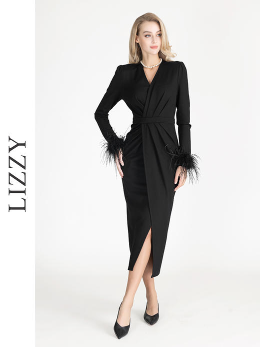 LIZZY早秋V领开叉宴会年会服时尚V领长款敬酒礼服优雅气质连衣裙7952 商品图0