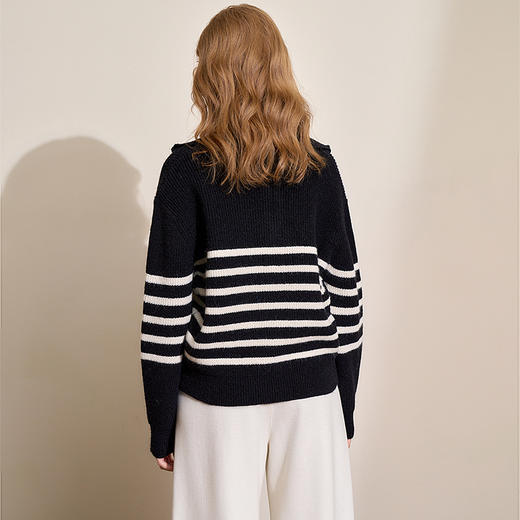 慵懒风黑白条纹拉链翻领毛衣女秋冬保暖针织衫上衣V4443592 商品图5