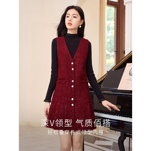 【专属特价】熙世界安克拉红色羊毛背心裙连衣裙冬季新款小香风无袖V领裙子 商品图1