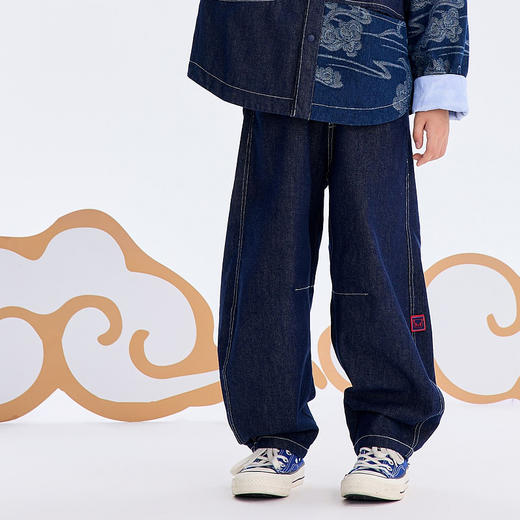 【shé来运转】漫画家24国风新中式卷云如意提花牛仔拜年裤长裤 商品图0