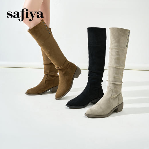 预售12天|Safiya/索菲娅2024秋冬绒面弹力遮肉显瘦尖头粗跟长筒西部靴 SF44117247 商品图8
