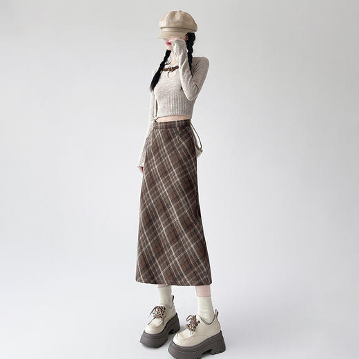 【毛呢格子复古半身裙】秋冬新款 高腰显瘦开叉包臀格纹中长款A字裙 商品图9
