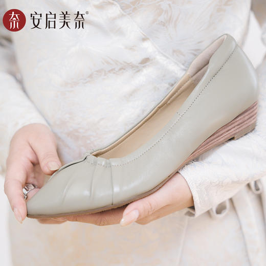 ARCHCONTACT安启美奈羊皮褶皱坡跟温柔小单鞋52908 商品图5