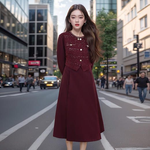 奢姿2024年秋季新款大码女装气质假两件裙子胖妹妹织带拼接连衣裙 商品图4