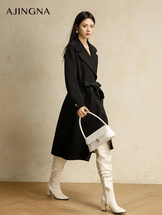 【商场同款】阿菁娜2024冬季新款设计感大翻领落肩款长款大衣A30D211023 商品图3