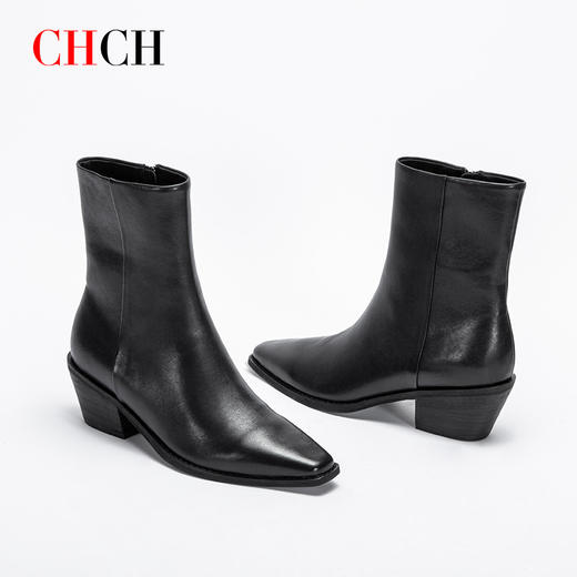 CHCH平衡鞋短靴秋冬新品油蜡羊皮拉链粗跟时尚女靴短靴CN2B7011 商品图4
