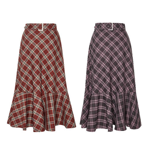 两三事 冬野霜糖 2024冬季新款复古系带荷叶边裙摆格子半身裙 商品图4