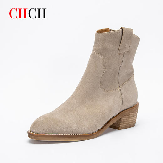 CHCH平衡鞋短靴秋冬新品牛皮反绒拉链粗跟时尚女靴短靴CN2B7021 商品图0