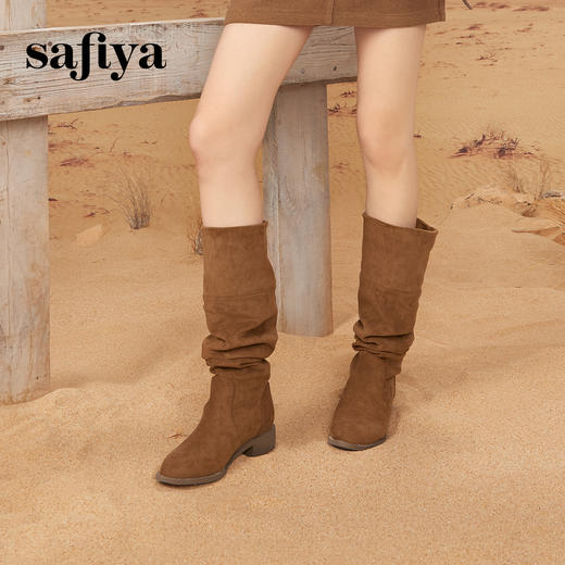预售12天|Safiya/索菲娅2024秋冬绒面弹力遮肉显瘦尖头粗跟长筒西部靴 SF44117247 商品图1