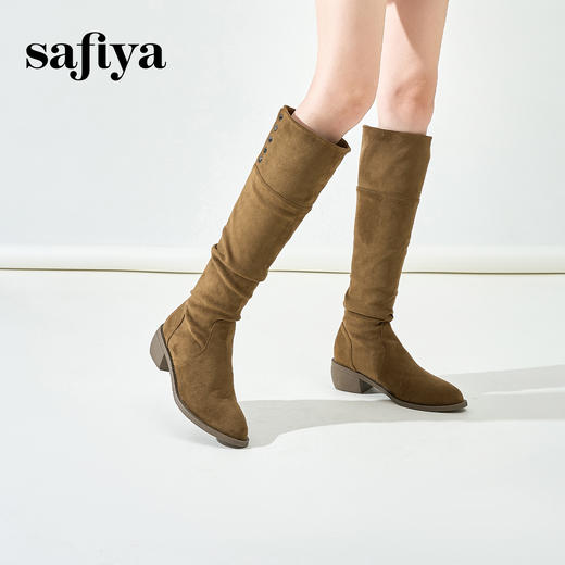 预售12天|Safiya/索菲娅2024秋冬绒面弹力遮肉显瘦尖头粗跟长筒西部靴 SF44117247 商品图7
