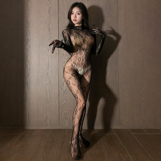 霏慕长袖覆指复古提花连身网袜7443 情趣丝袜透视诱惑调情内衣黑丝激情 玫瑰提花 商品图3